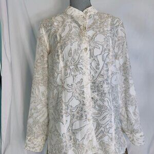 Alfred Dunner Sheer Floral Long Tabbed Sleeve Button Tunic Size 12